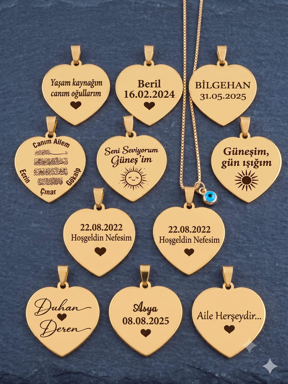 316L paslanmaz çelik altın kaplama fotoğraflı kalp kolye