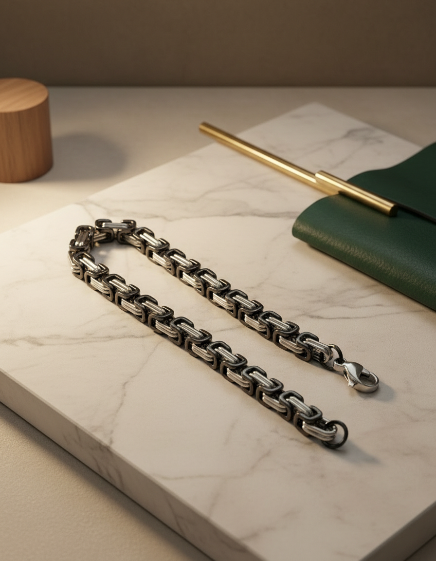 Erkek bileğinde gümüş siyah kral zincir bileklik