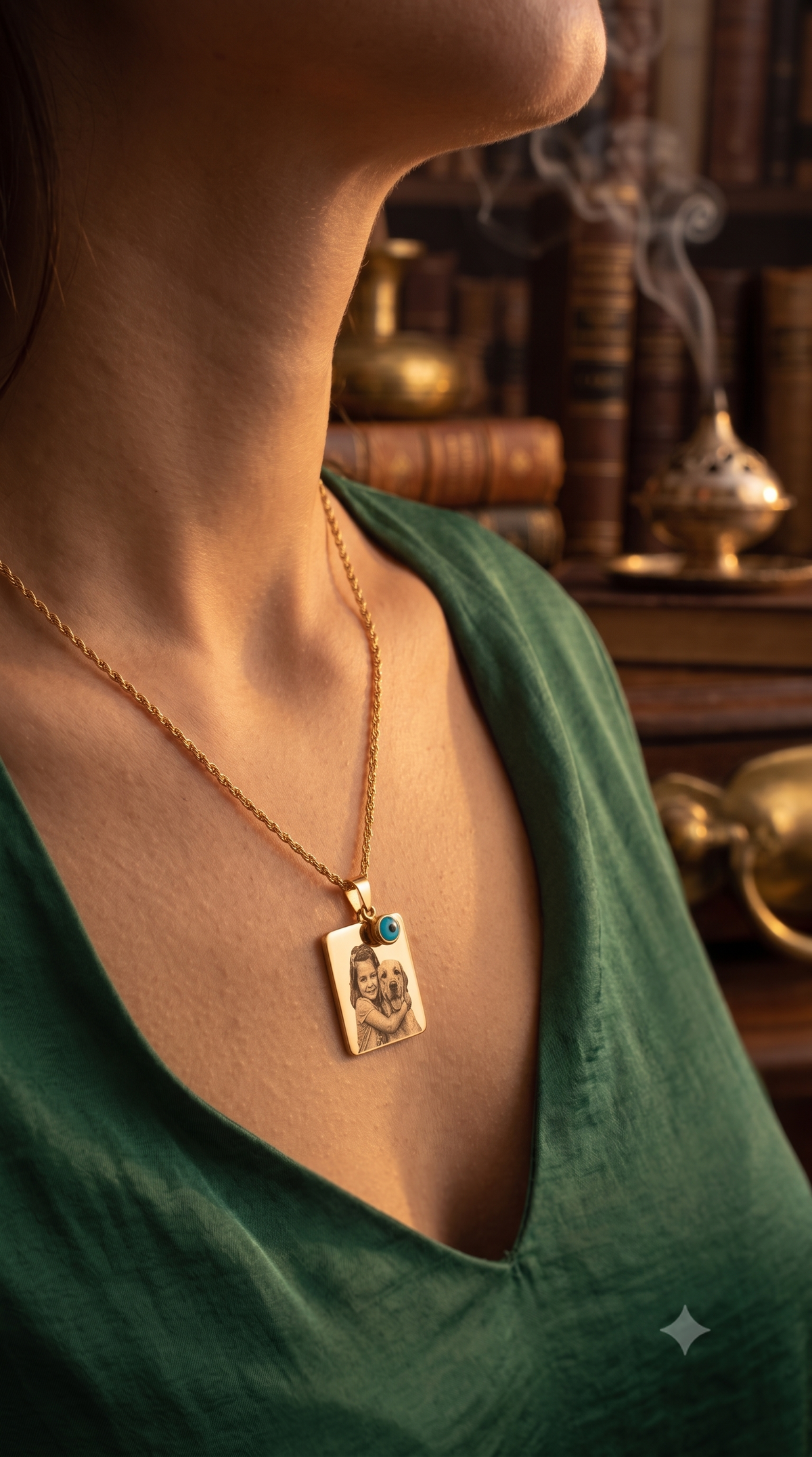 Fotoğrafı metal yüzeye lazerle işlenmiş kişiye özel kare kolye